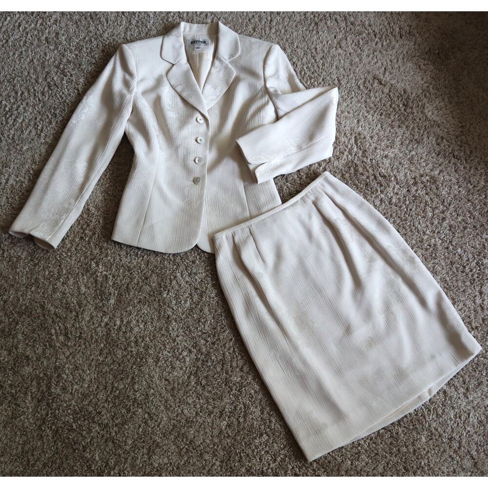 Vintage 90s Y2K Kasper Ivory White Skirt Suit Set Womens 2P Petite Roses Gauze - Picture 3 of 9
